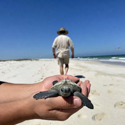 Man holding baby sea turtle on beach