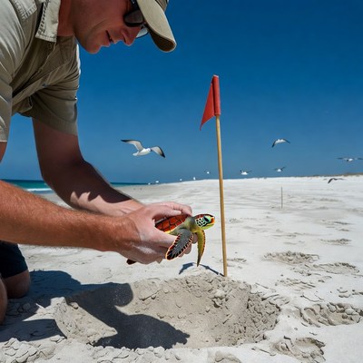 Man holding baby sea turtle on beach