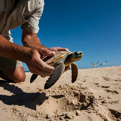 Man holding baby sea turtle on beach