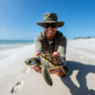 Man holding baby sea turtle on beach