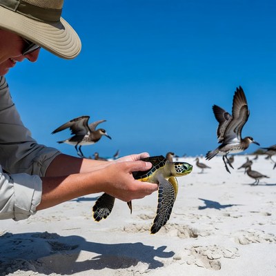Man holding baby sea turtle on beach