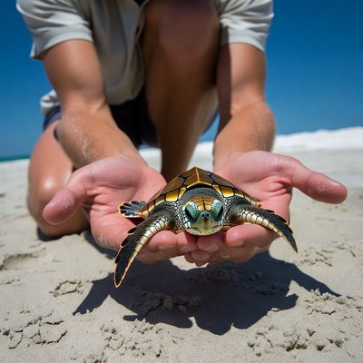 Man holding baby sea turtle