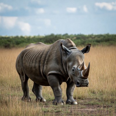 Rhino standing in savanna grass