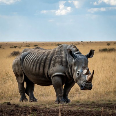 Rhino standing in savanna grassland