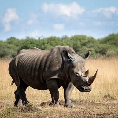 Rhino standing in savanna grassland