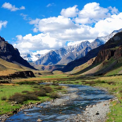 Mountain Valley with River and Snow Peaks