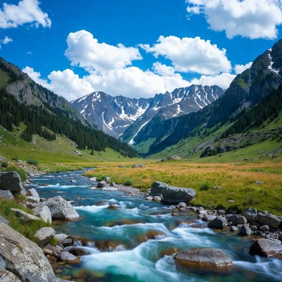 Mountain Valley with River and Snow Peaks