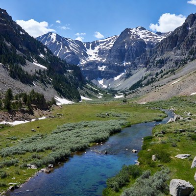 Mountain Valley with River and Snow Peaks