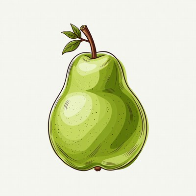 Green pear with stem and leaf