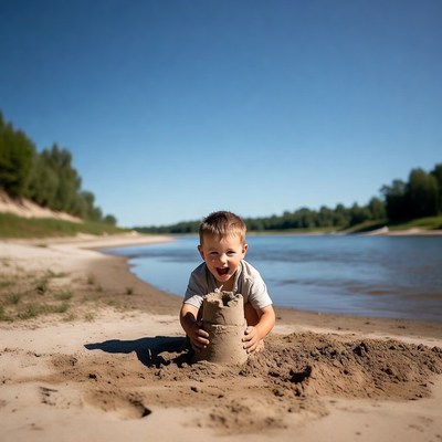 Boy building sandcastle on beach