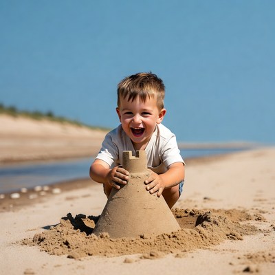 Boy smiling at sandcastle on beach