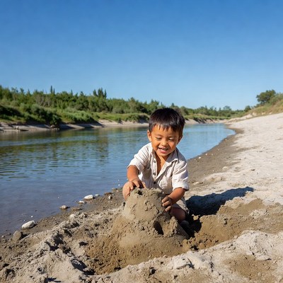 Asian boy building sandcastle on beach