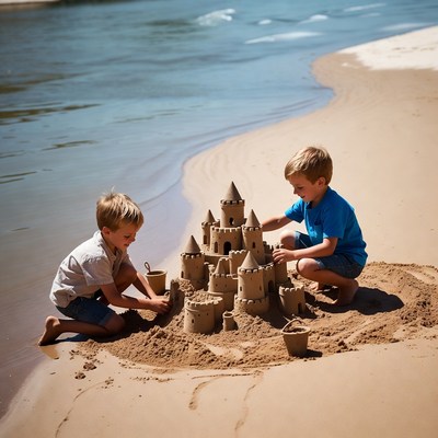 Boys building sandcastle on beach