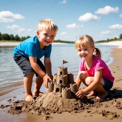 Boy and girl building sandcastle beach