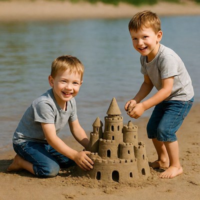 Two boys building sandcastle on beach