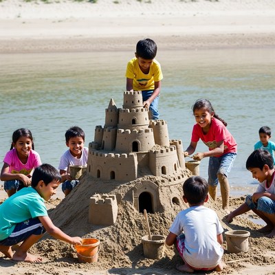 Children building sandcastle on beach
