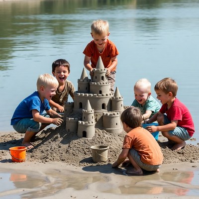 Boys building sandcastle on beach