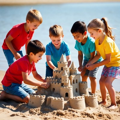 Children building sandcastle on beach