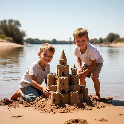 Two boys building sandcastle on beach
