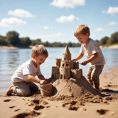 Boys building sandcastle on beach