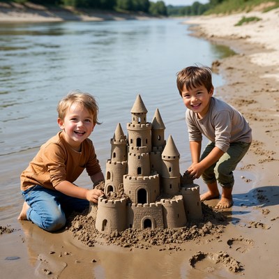 Boys building sandcastle on beach