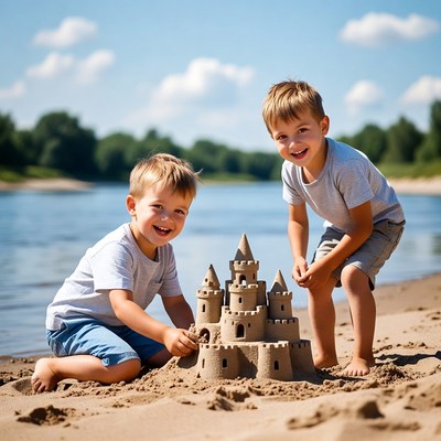 Two boys building sandcastle on beach