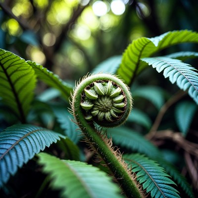 Closeup of unfurling fern frond