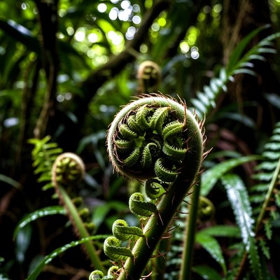 Curly Fern Fronds in Rainforest