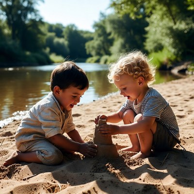 Two boys building sandcastle on river beach