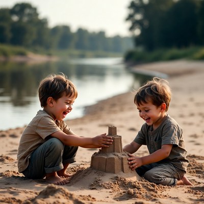 Two boys building sandcastle on beach