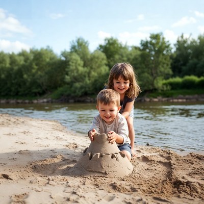 Boy and girl building sandcastle on beach