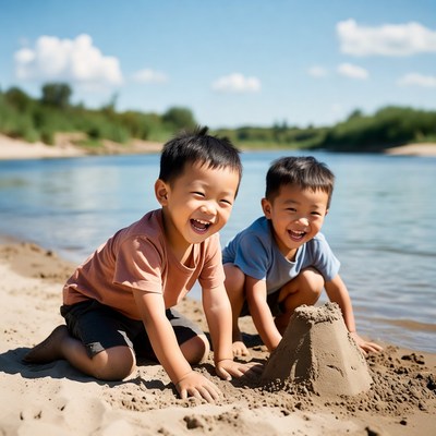 Asian boys building sandcastle on beach