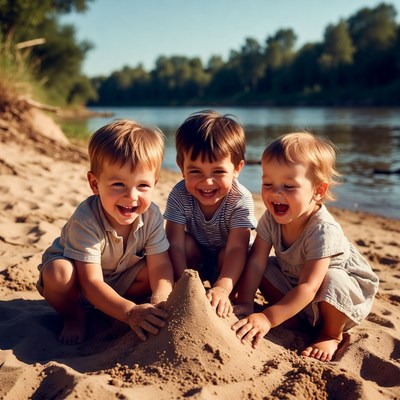 Three toddlers building sandcastle on beach