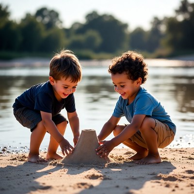 Two boys building sandcastle on beach