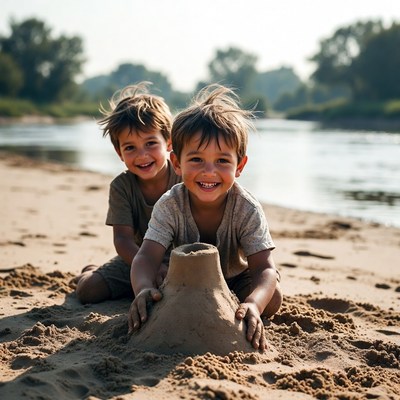 Two boys building sandcastle on beach