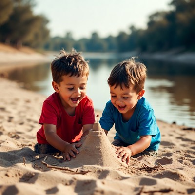 Two boys building sandcastle on beach