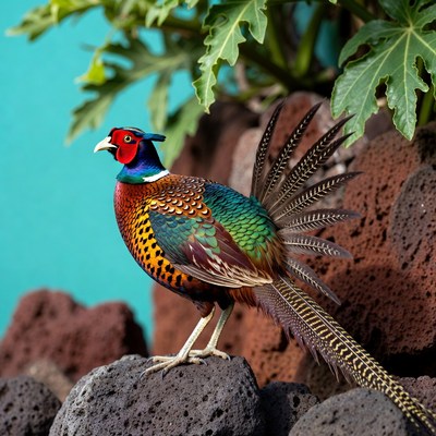 Colorful peacock standing on rocks