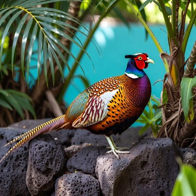 Peacock standing on black rocks