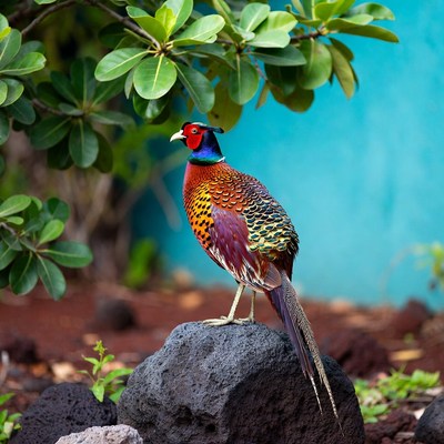 Colorful peacock standing on rock