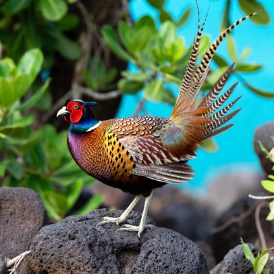 Colorful peacock standing on rock