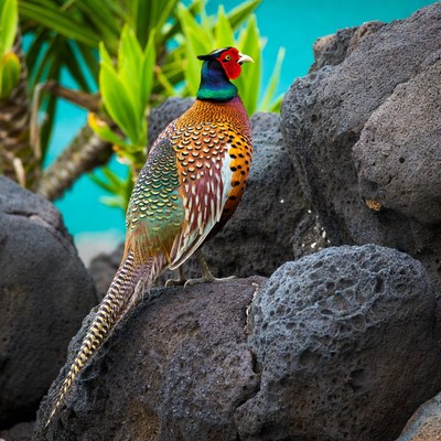 Colorful peacock on volcanic rocks