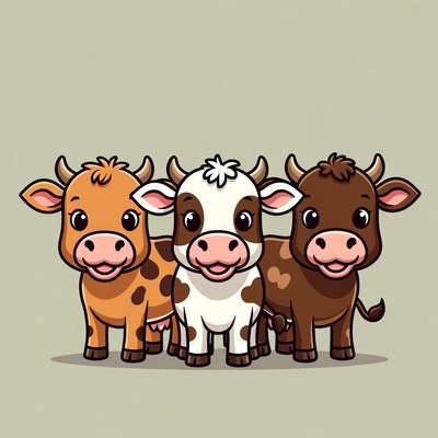 Three Cute Cartoon Calves Standing Together