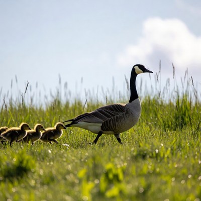 Canada Goose Leading Goslings in Grass