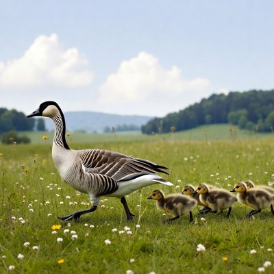 Mother Goose Leading Goslings in Meadow