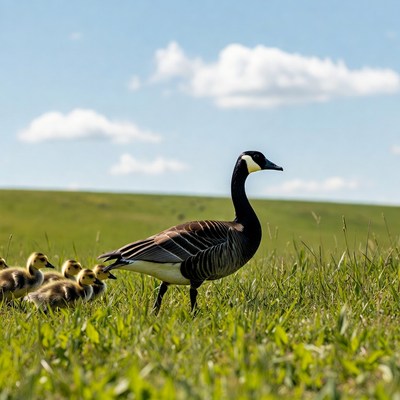 Canada Goose with Goslings in Grass