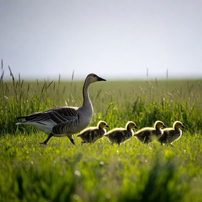 Mother Goose with Goslings in Grass
