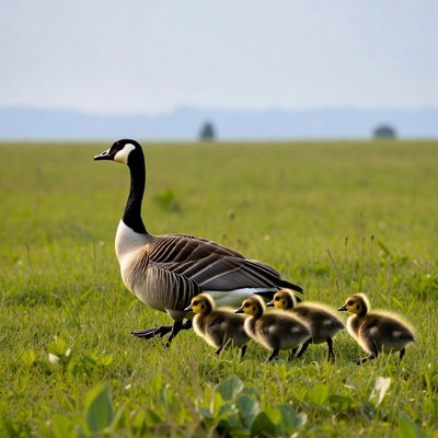 Canada goose with goslings in field
