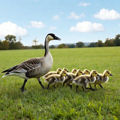Canada Goose with Goslings in Field