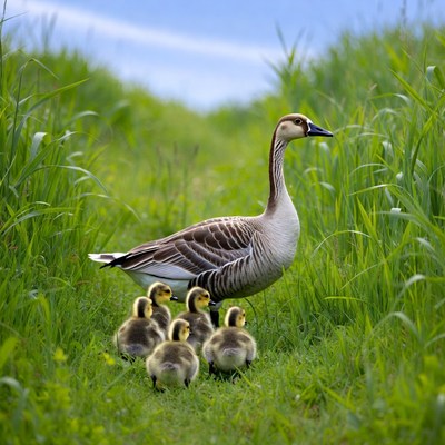 Mother Goose with Goslings in Grass