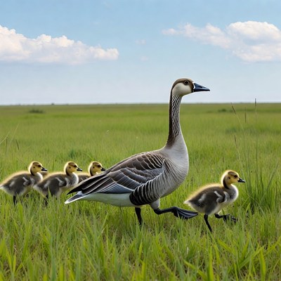Mother Goose with Goslings in Grass